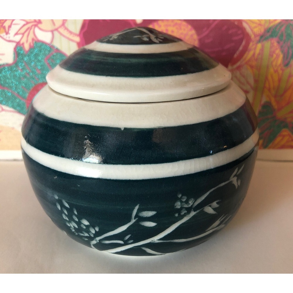 Vintage Studio Art Pottery Trinket Dish Signed Helen Flower Mark Teal Blue White